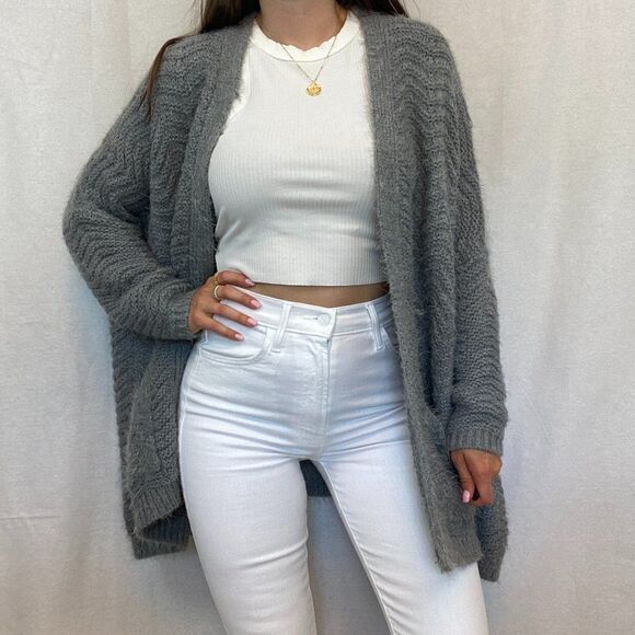 Cotton Candy LA Grey Fuzzy Oversized Cardigan Sweater - Picture 1 of 12